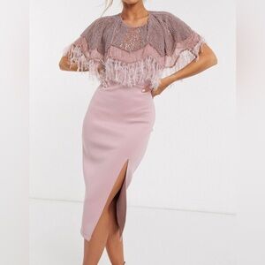 ASOS DESIGN SIZE 6 Pink Stunning Embellished Scuba Pearld Feather Midi Dress.